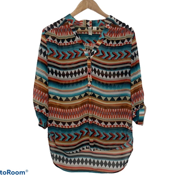 Tacera Boho Hi Lo Button Up V-Neck Blouse Top Sz M - Picture 1 of 5